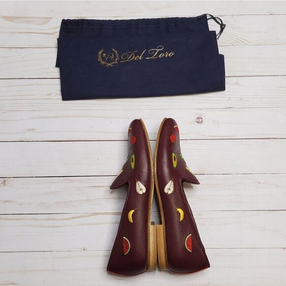 DEL TORO loafers fruit embroidered burgundy leather shoes 7 - Picture 6 of 10